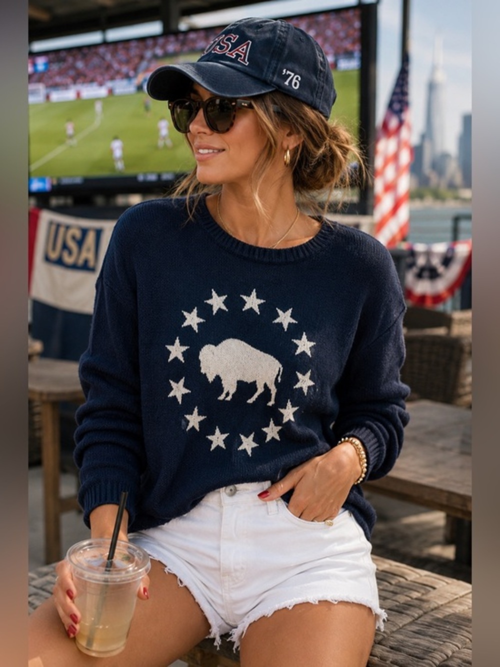 Lucky Brand Americana Buffalo Stars Navy Sweater Men’s Large Unisex Coastal